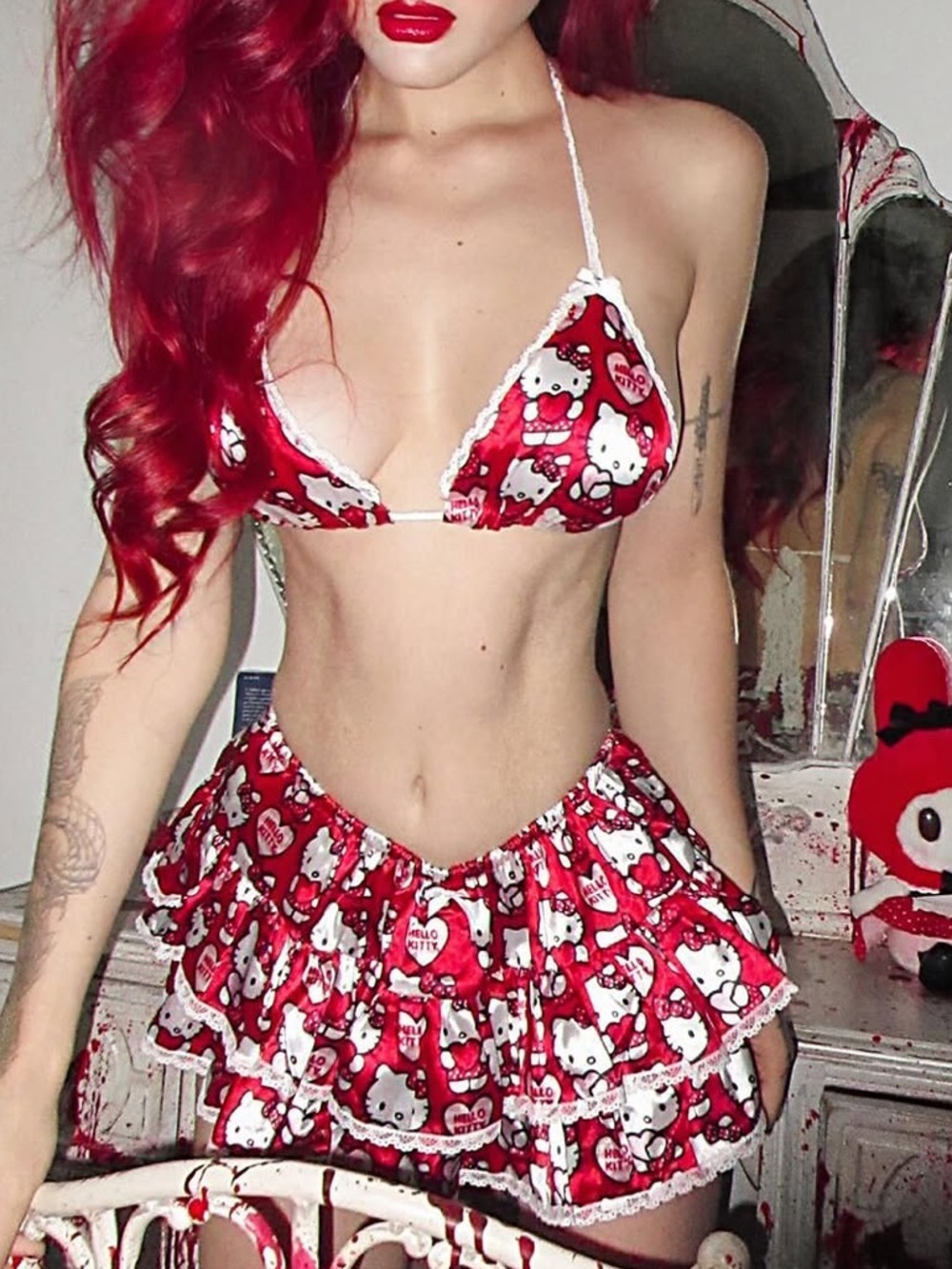 Red Hello Kitty Print Ruffle Bikini Lingerie Set